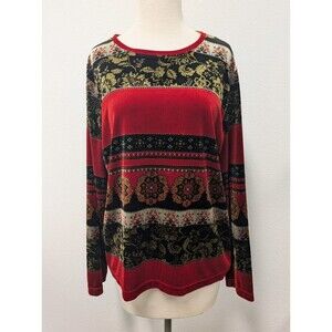 White Stag Black/Red Crushed Velvet Christmas Floral Print Long Sleeve Top sz L